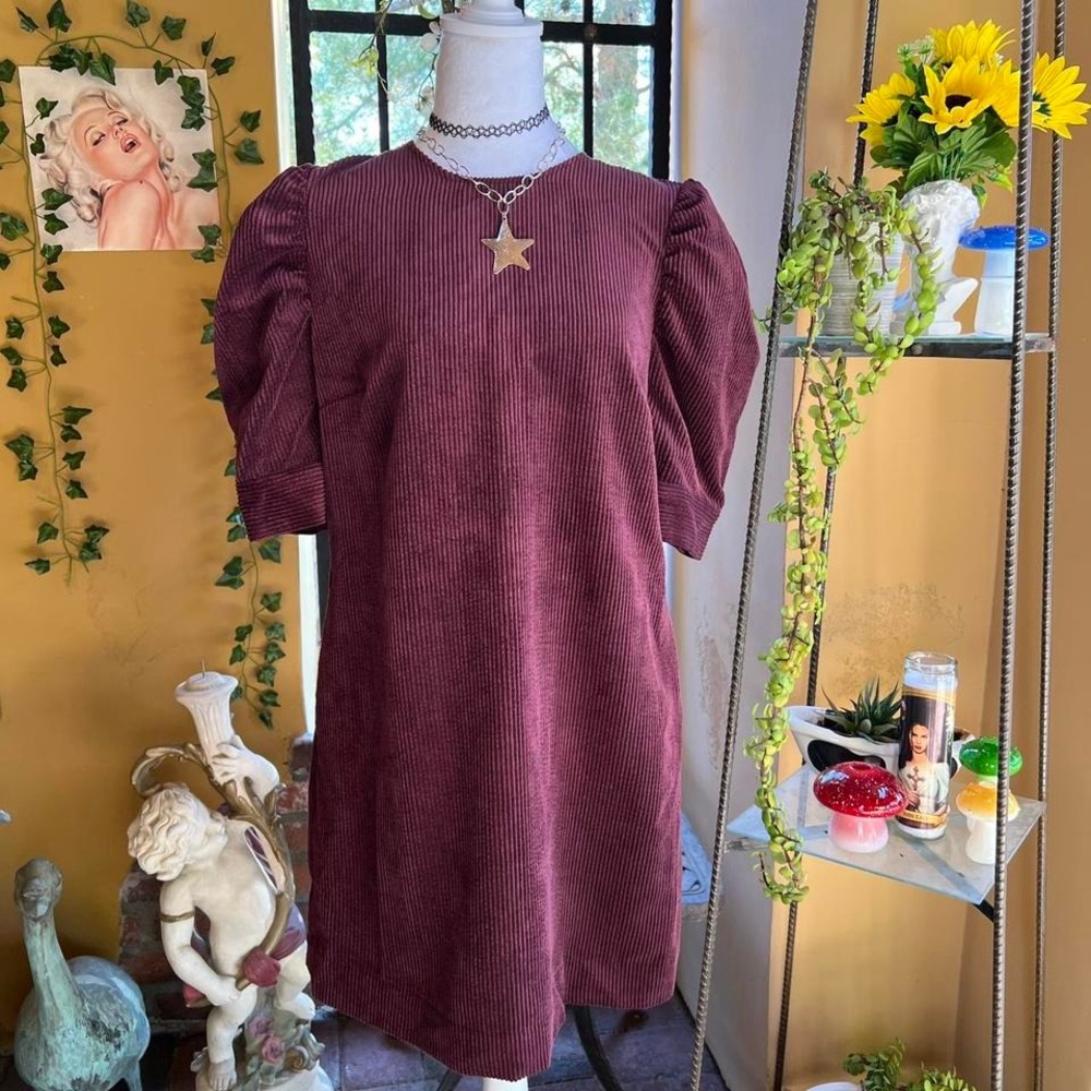 corduroy mini dress burgundy puff sleeve